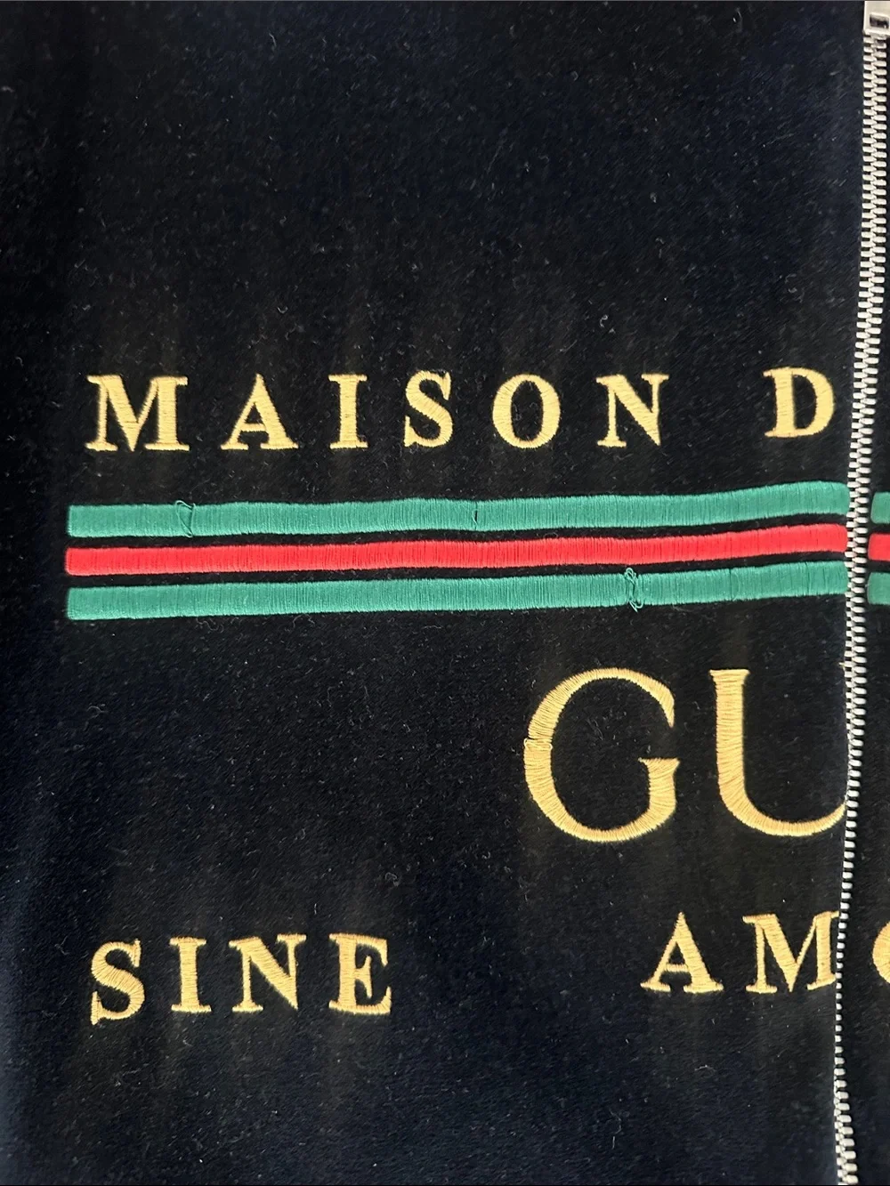 Gucci Black Velvet Zip-Up Bomber with Green & Red Stripe